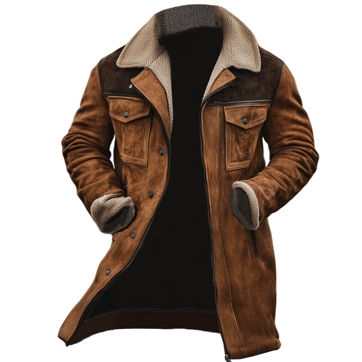 Men's vintage suede patchwork jacket featuring a multi-pocket design and cozy lamb fleece lining, perfect for outdoor activities and stylish layering. 0
